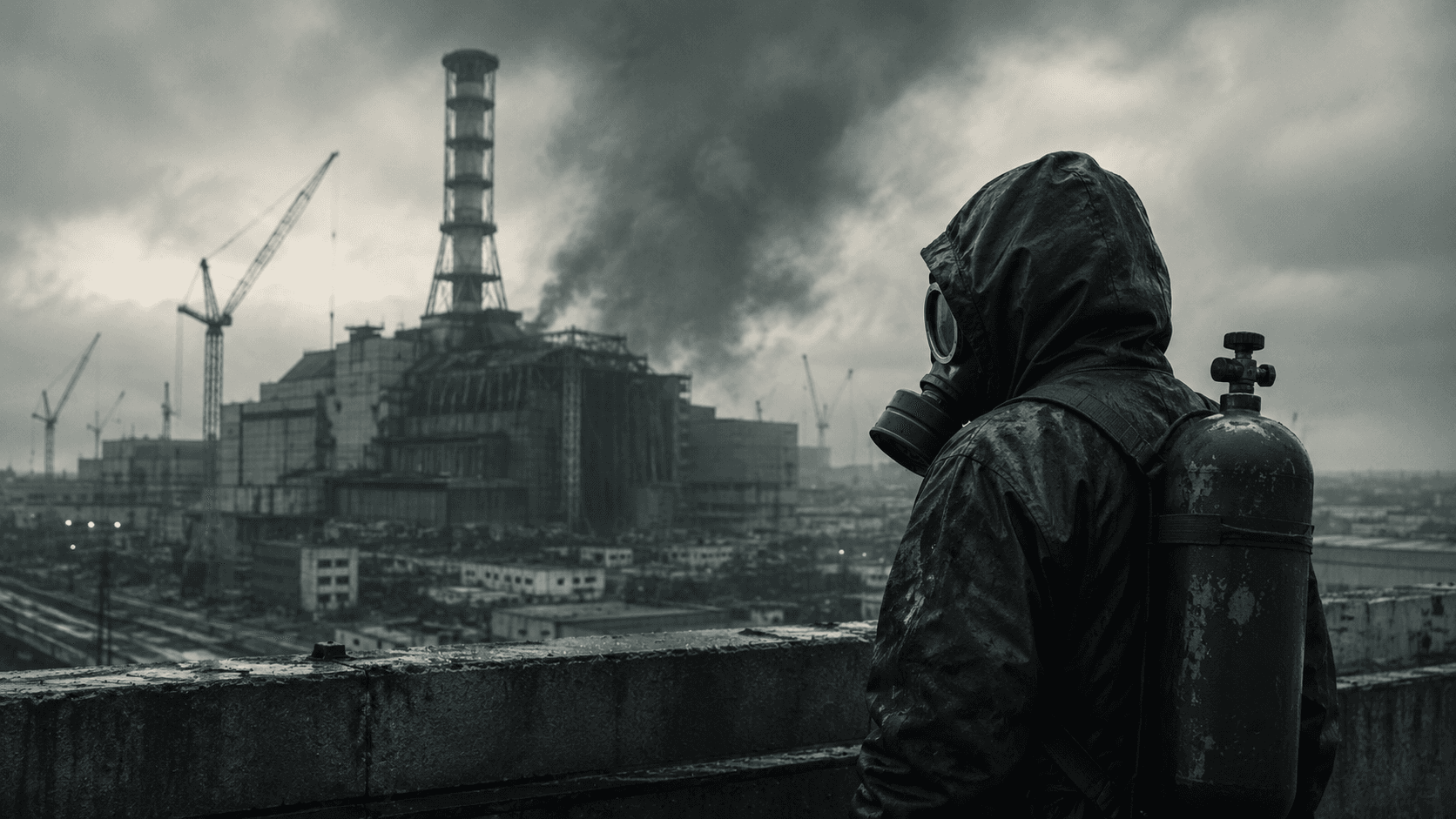 A person in protective gear overlooking the damaged Chernobyl reactor as smoke rises into a stormy sky