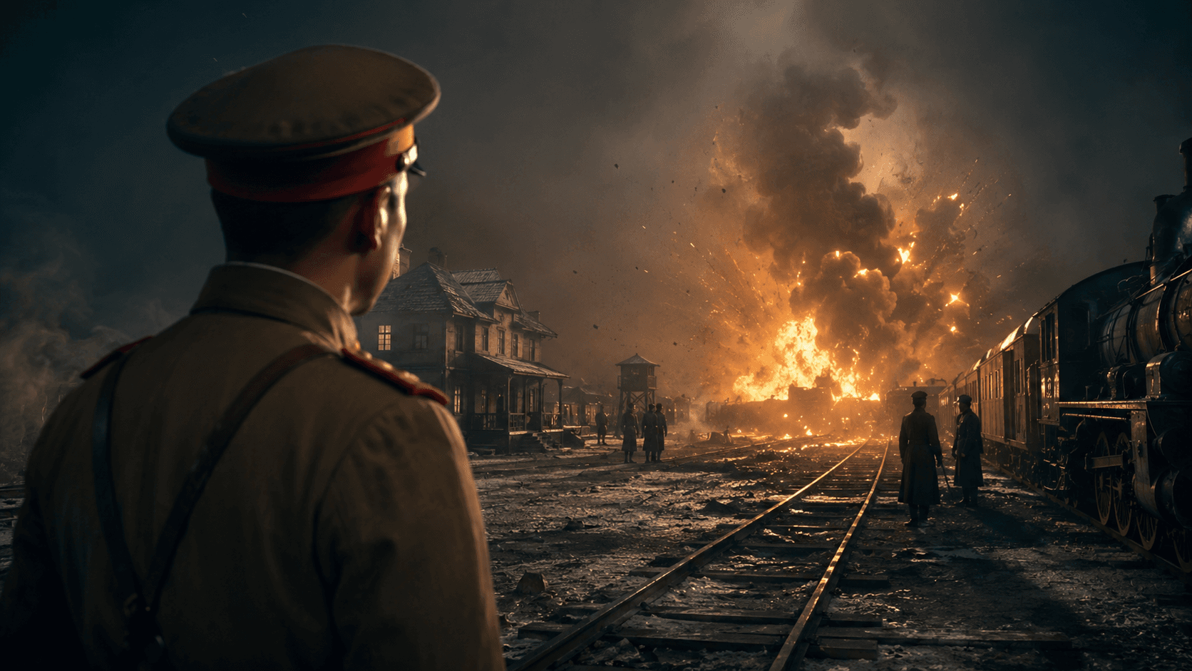 A railway explosion near Mukden watched by Japanese soldiers at night