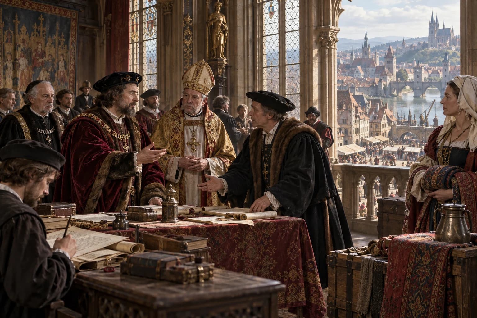 Illustrative reconstruction: a symbolic imperial assembly around 1500, with princes, clergy, clerks and a city delegate representing the empire’s many centres of authority.