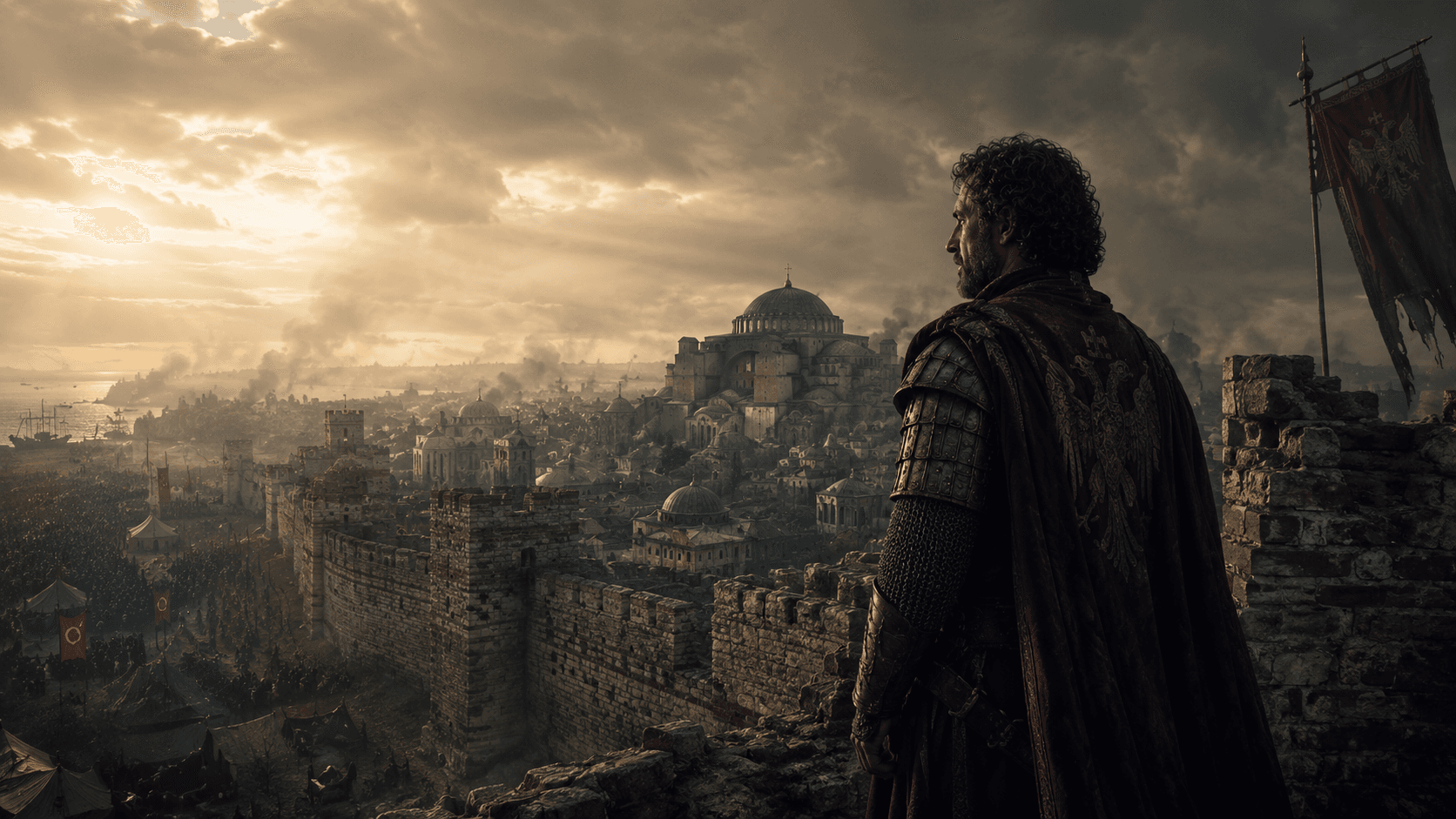 A Byzantine emperor looking over besieged Constantinople as Ottoman forces gather beyond the walls