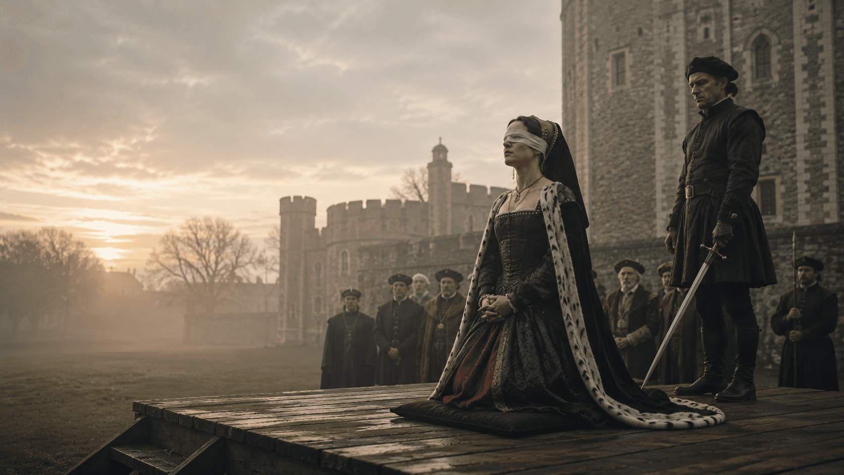 Anne Boleyn kneeling on a scaffold inside the Tower of London at dawn as a swordsman stands nearby
