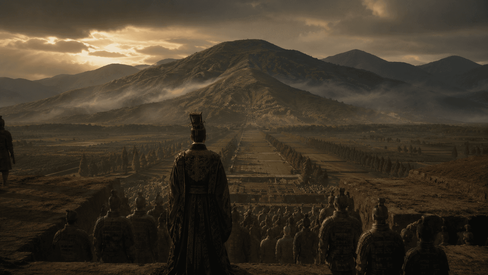 Qin Shi Huang looking toward a burial mound guarded by terracotta soldiers beneath a dramatic sky