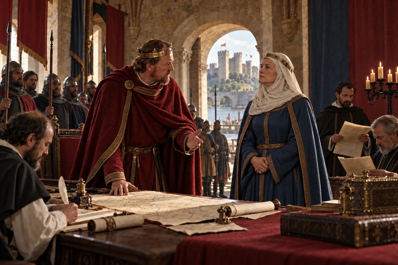 Illustrative reconstruction: Henry II and Eleanor of Aquitaine in a Norman royal hall with clerks and guards; a symbolic view of dynastic government around 1180.