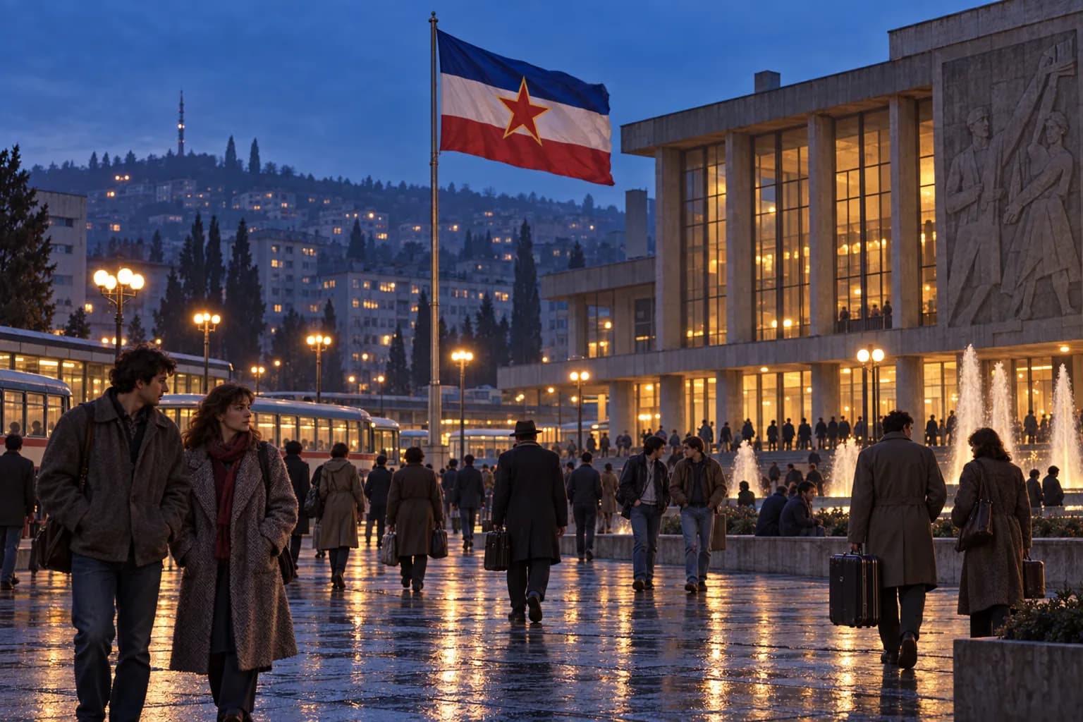 The former Yugoslav flag flies above travellers crossing a city square at dusk.