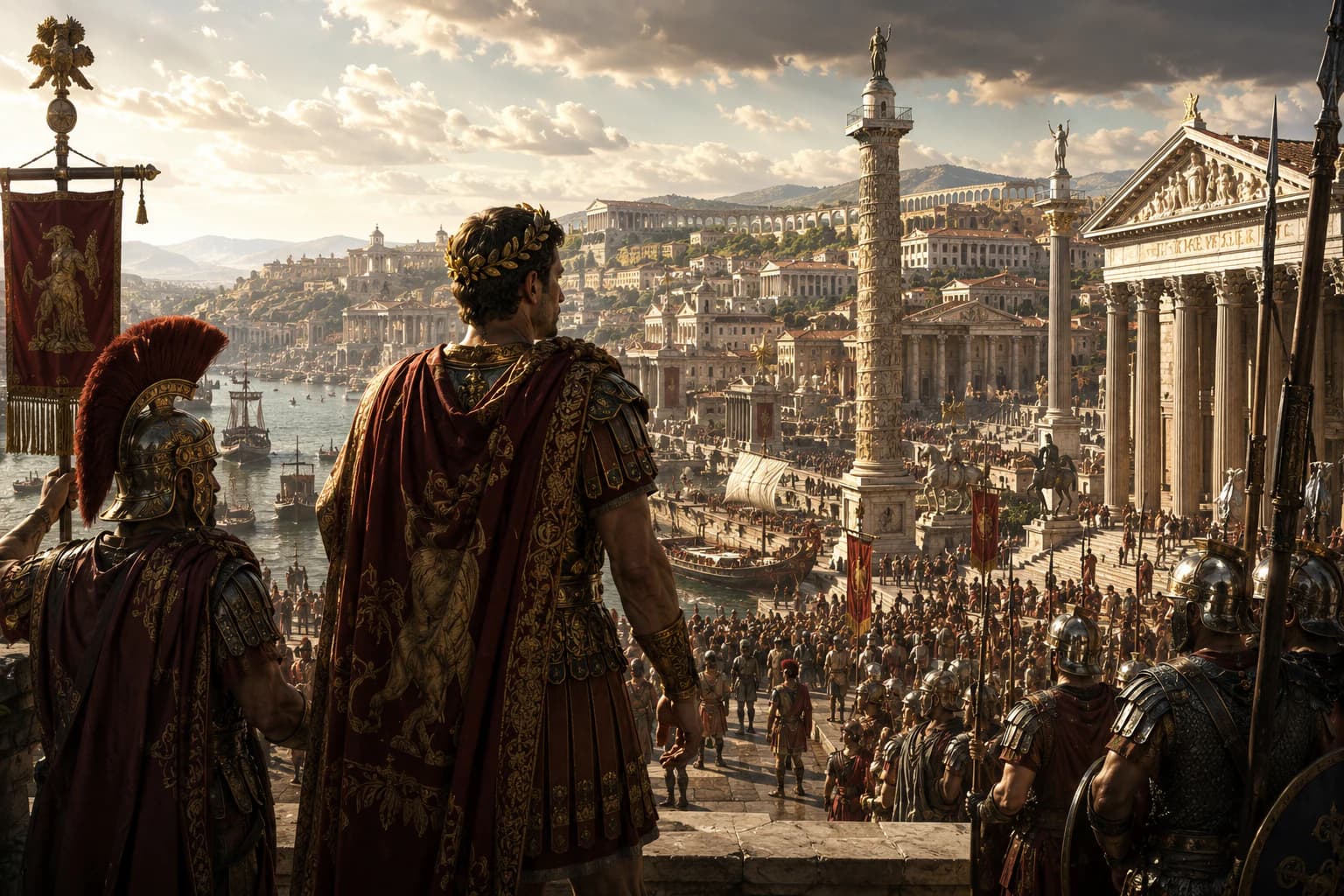 Interpretive illustration of an emperor and soldiers overlooking the temples and streets of ancient Rome