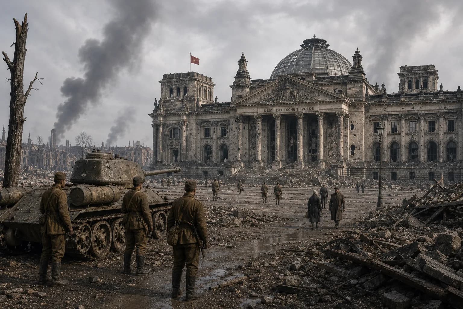 World War 2 battlefield scene showing ruined cities, soldiers, aircraft, civilians, and the global destruction of the Second World War.