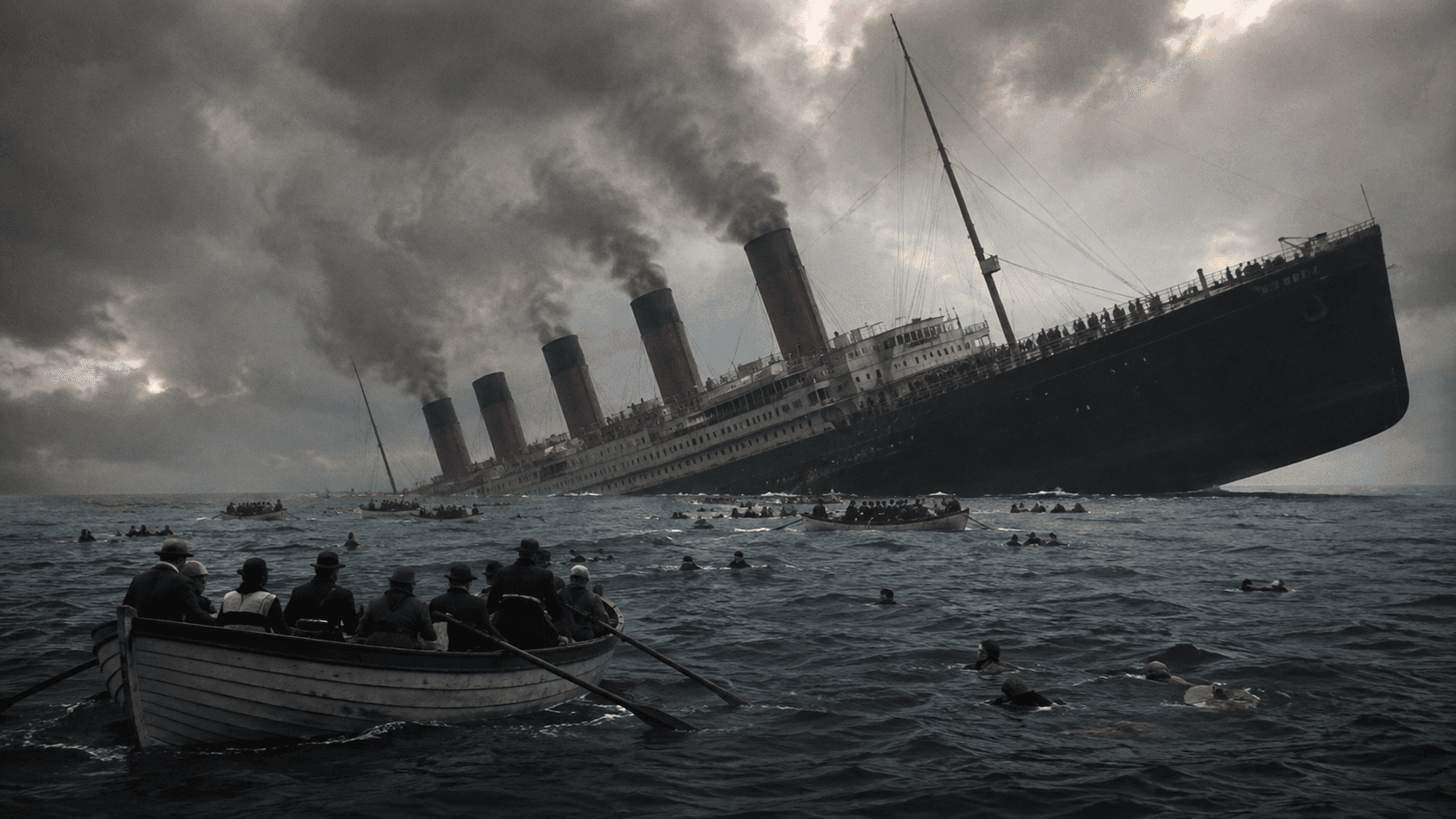 The RMS Lusitania sinking in the Atlantic as lifeboats and survivors struggle in rough water