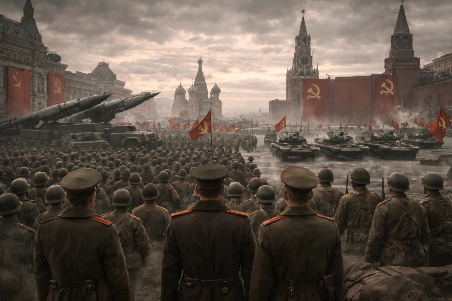 Soviet military parade in Moscow with red banners, soldiers, armoured vehicles, and a plain red wall panel.