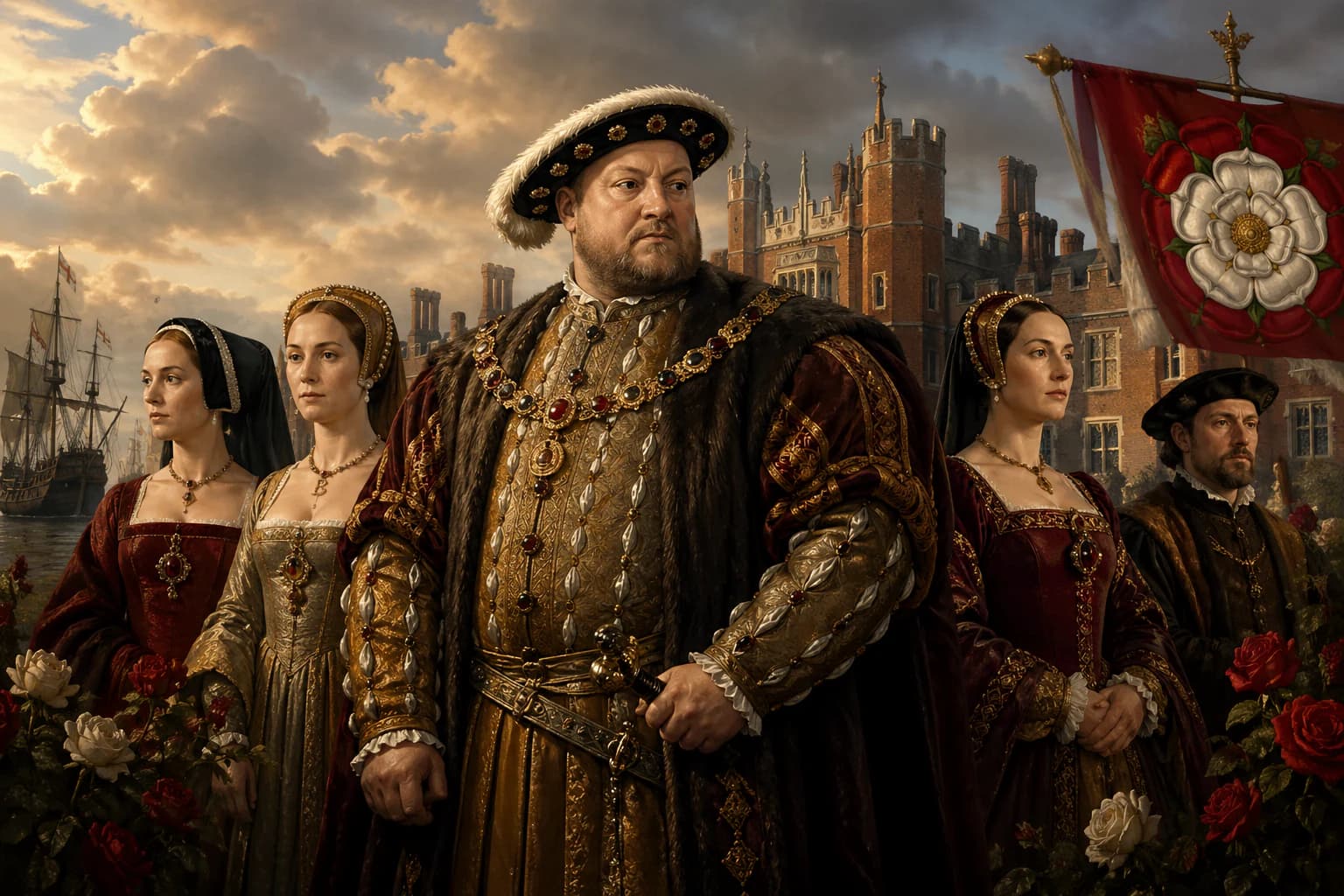 A Tudor royal court with Henry VIII and richly dressed nobles in a grand palace interior