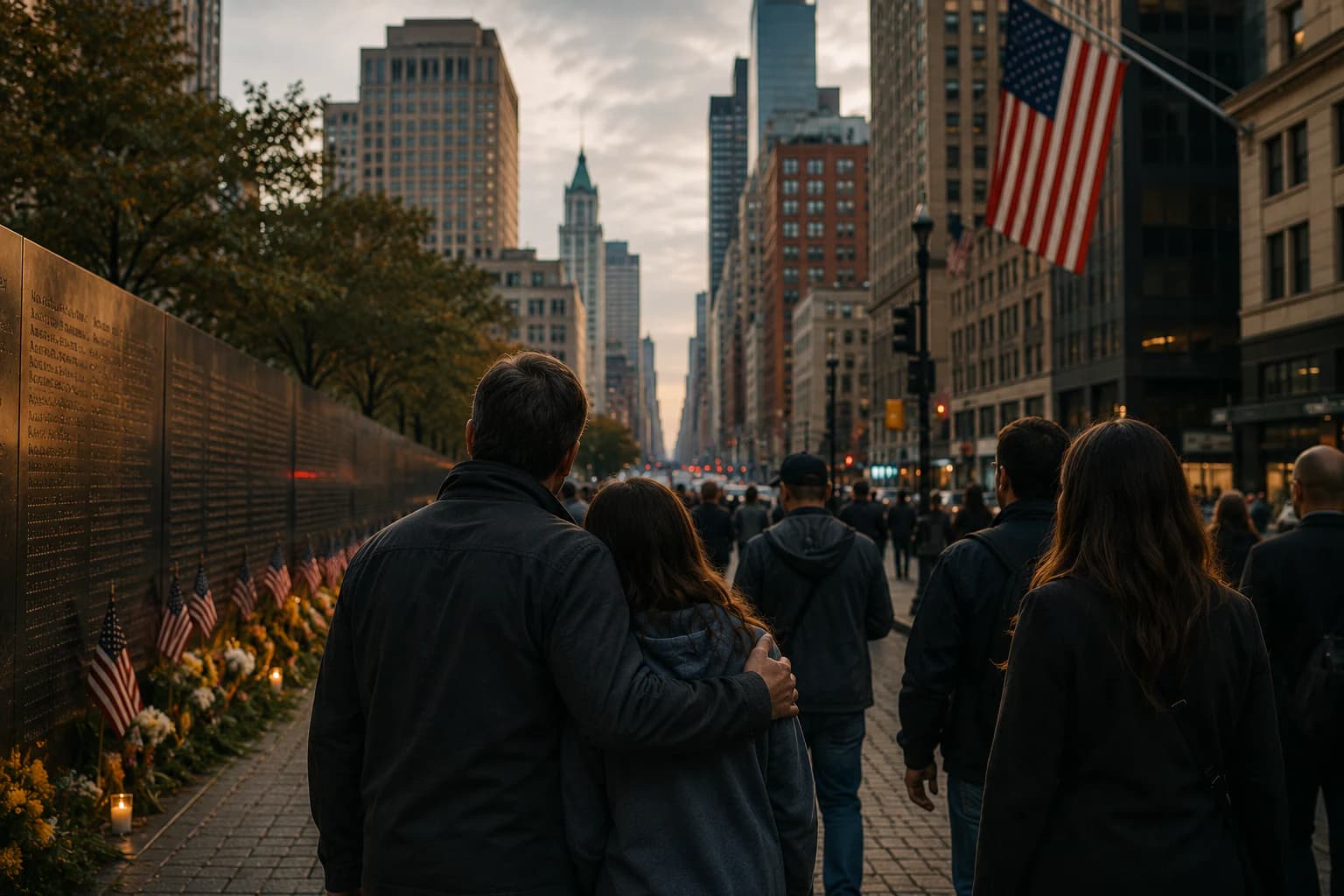 Lower Manhattan in smoke, the Pentagon under guard, and American soldiers framed against the long post-9/11 wars.