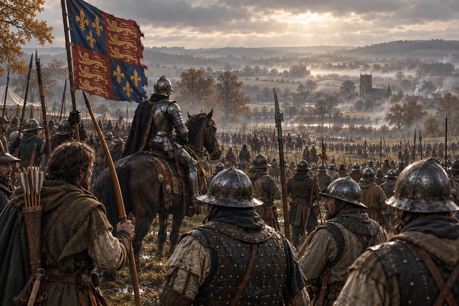 Illustrative reconstruction of a late-fifteenth-century English royal army assembling under a royal banner on misty fields.