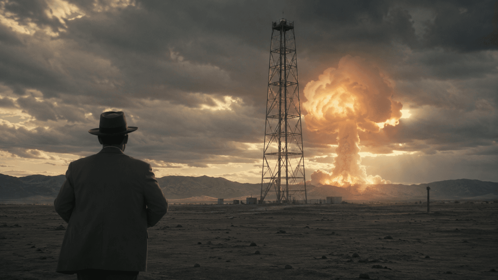 A man watching the Trinity atomic explosion rise over the New Mexico desert