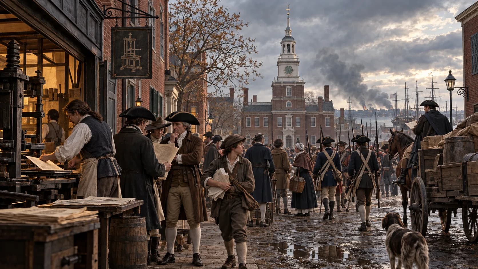 A late eighteenth-century Philadelphia street with printers, militia, civilians and Independence Hall