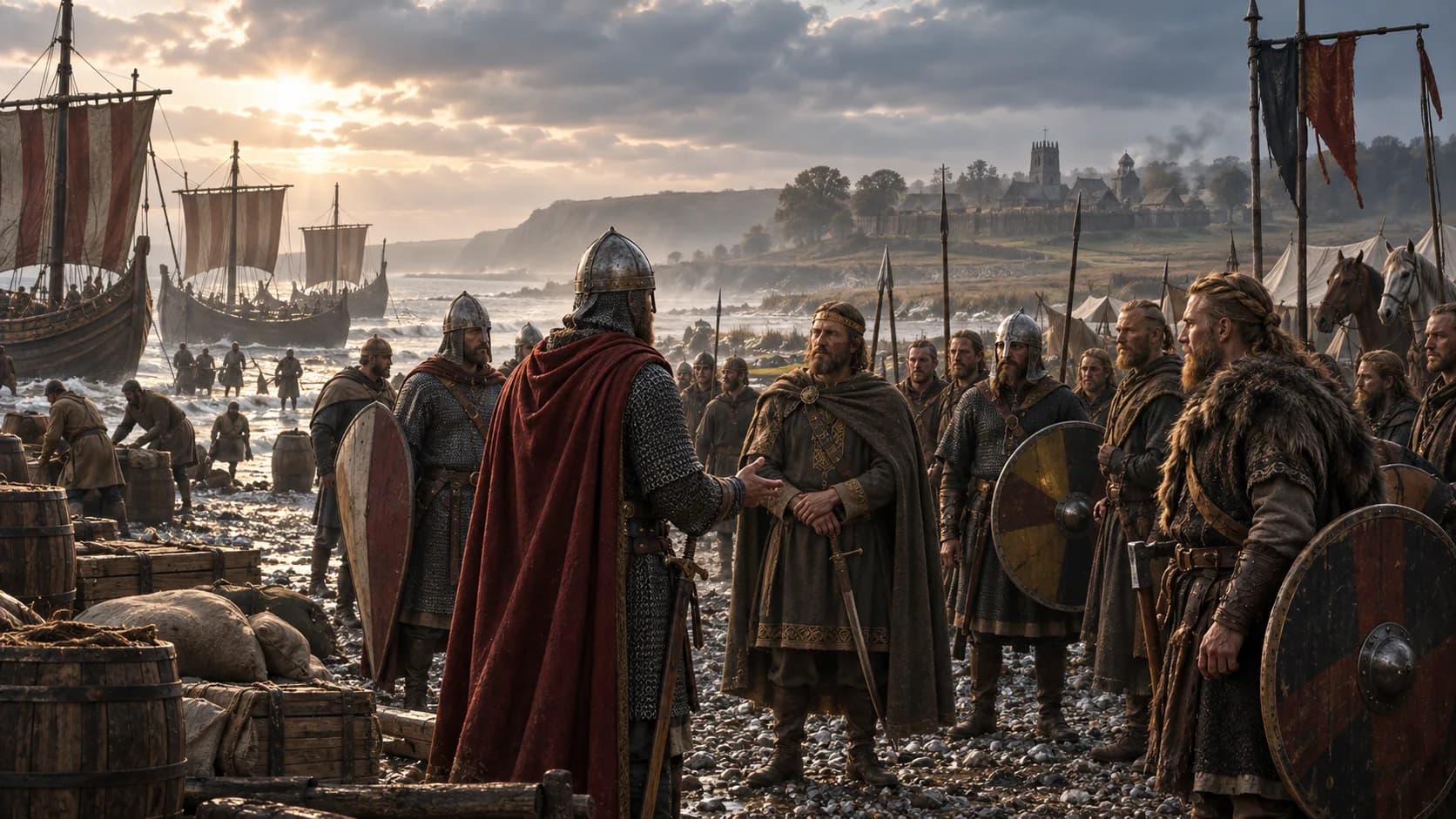 Norman ships, horses and mail-clad soldiers landing on the southern English coast in 1066