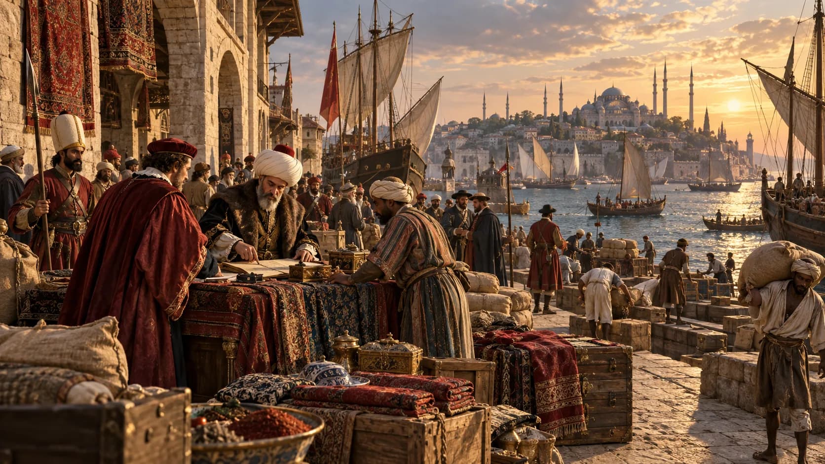 A sixteenth-century Ottoman Mediterranean port with ships, merchants, officials and imperial goods