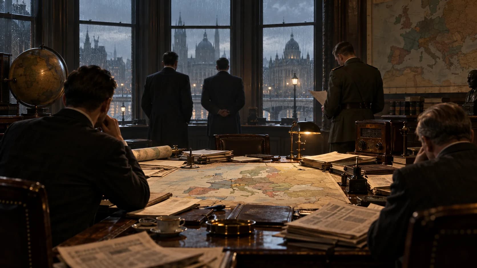 An interwar European map room with diplomats, treaty papers and storm-lit windows