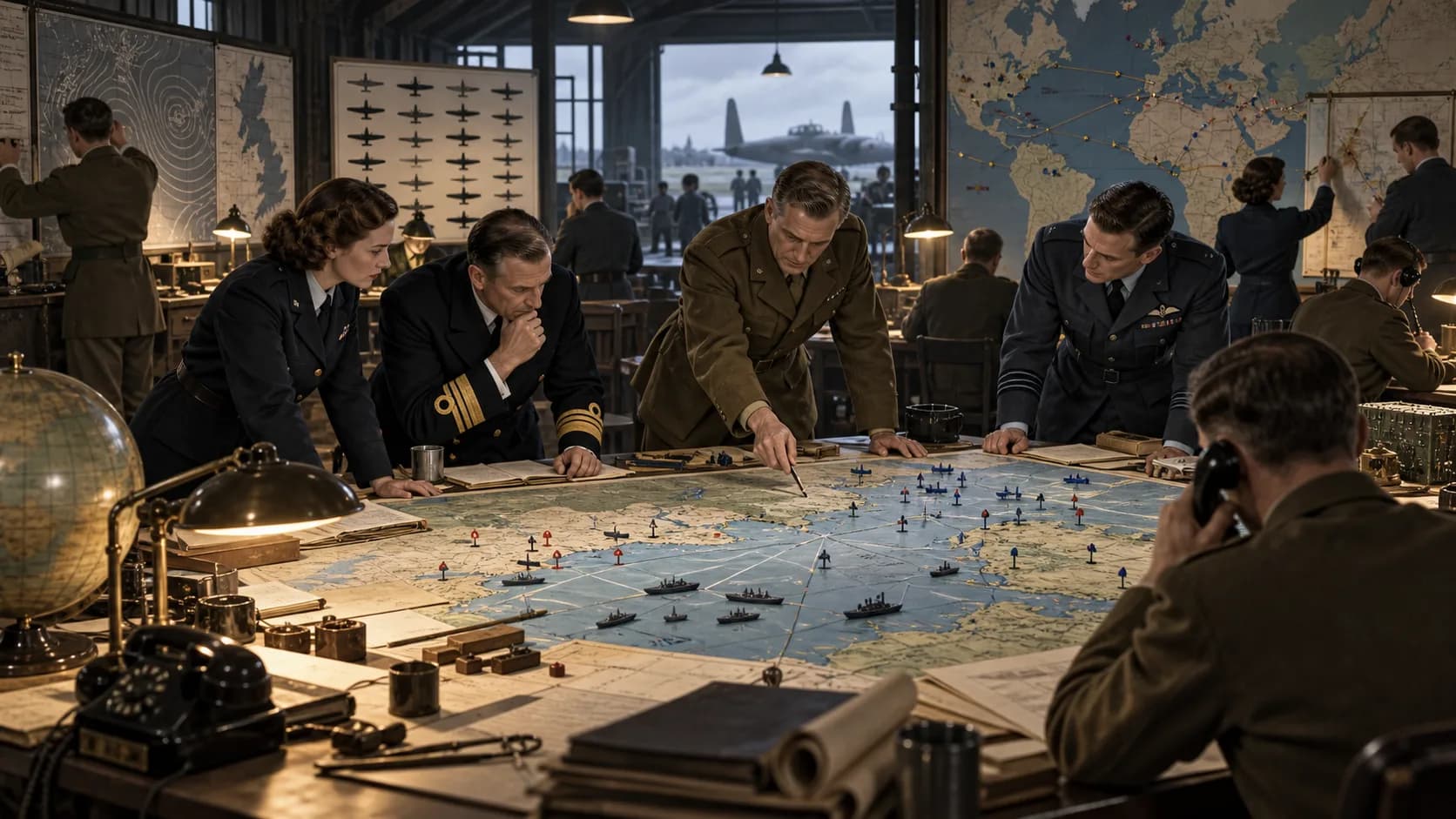 Allied officers and service personnel planning Second World War campaigns around a map table