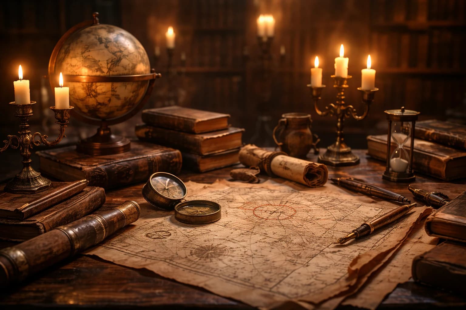 Interpretive illustration of a globe, books and maps in a study