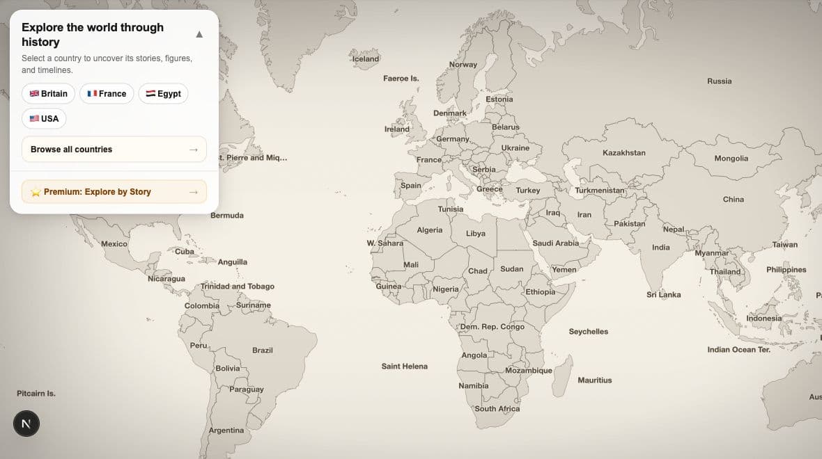 Stories of History map interface showing places across Europe, Africa and Asia