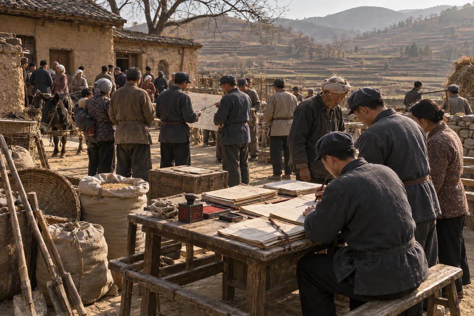 Village cadres record land redistribution at a table of registers and title papers while rural families gather near fields in early-1950s China.