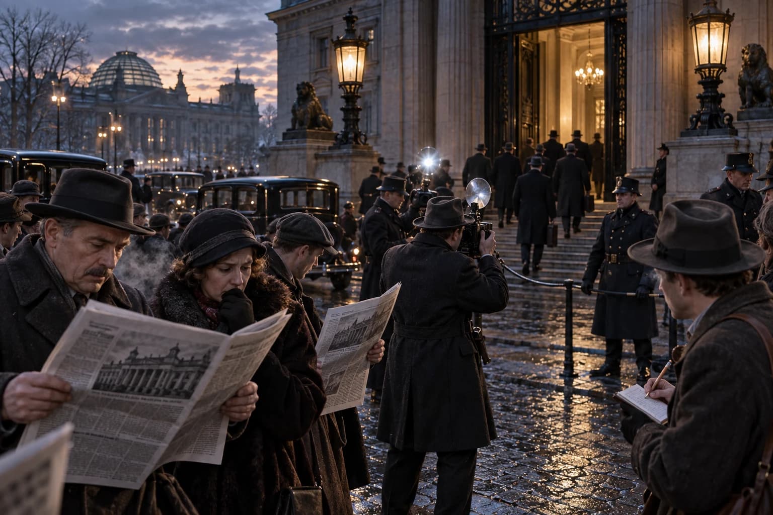 Civilians read fresh newspapers as reporters, police and anonymous officials gather outside a Berlin government building in January 1933.