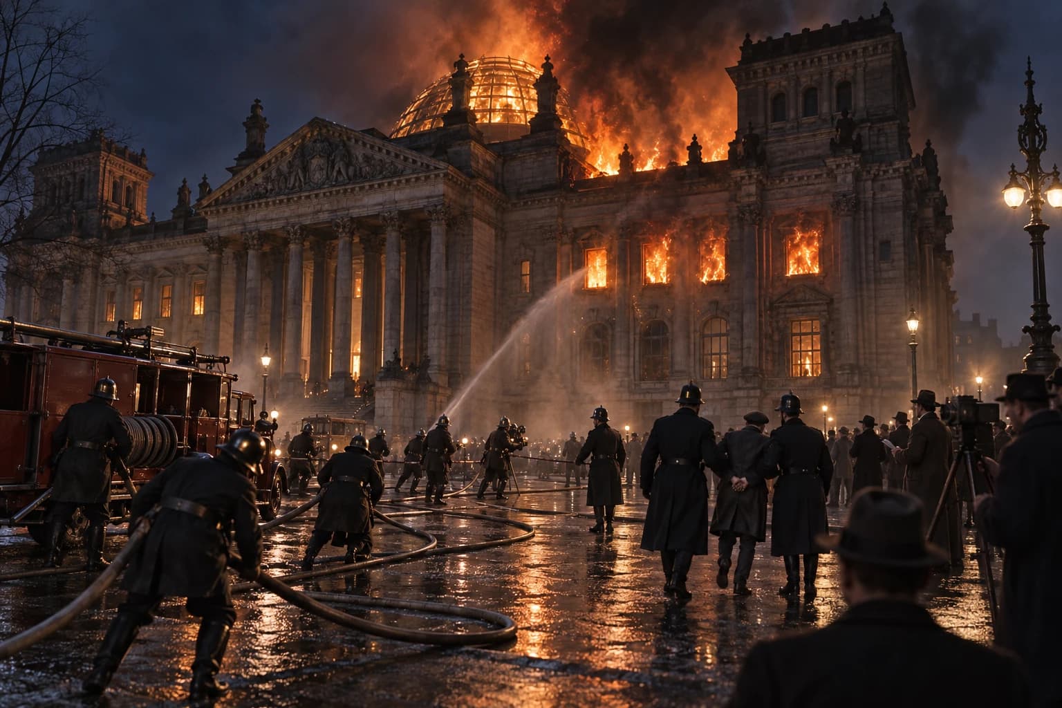 Firefighters and police respond as the Reichstag burns at night in February 1933.