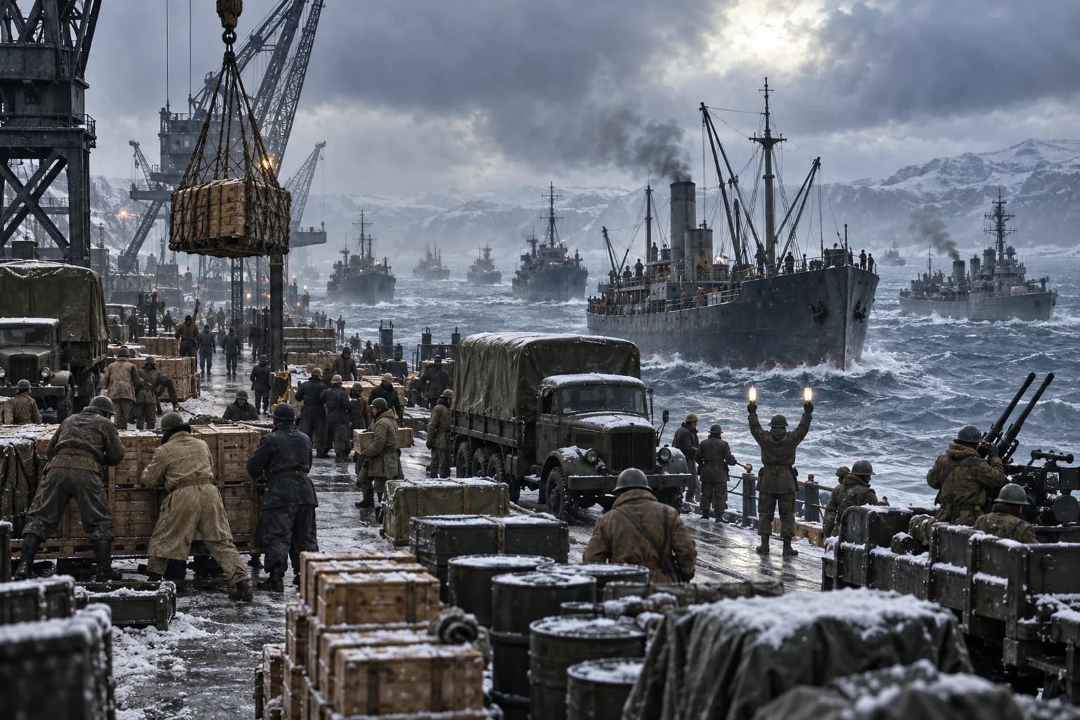 Dock crews load Lend-Lease supplies into a stormy Arctic convoy, showing the uneasy wartime alliance as practical survival work.