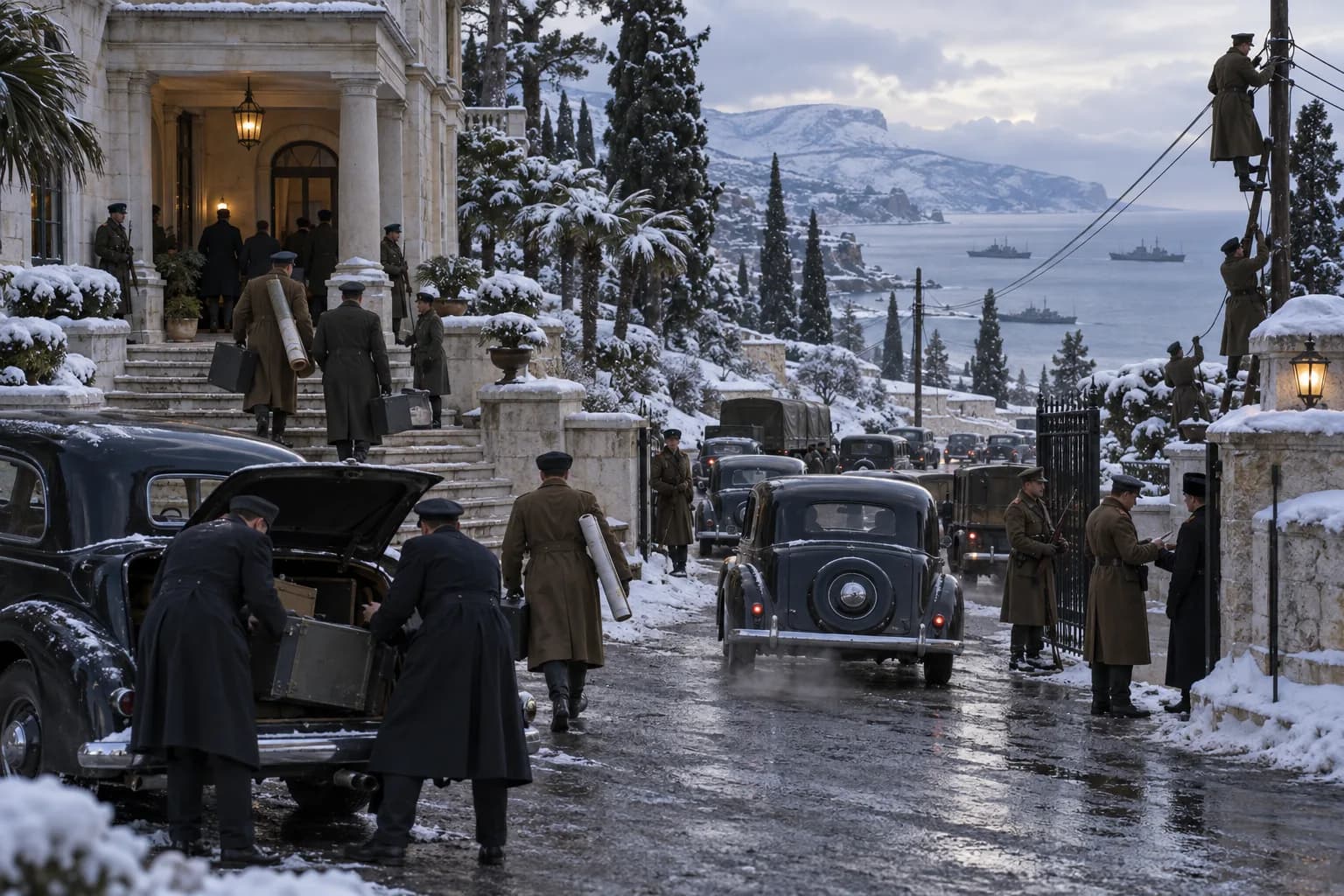 Aides unload map tubes and document cases at a snowy Crimean villa as wartime convoys arrive for the Yalta Conference.