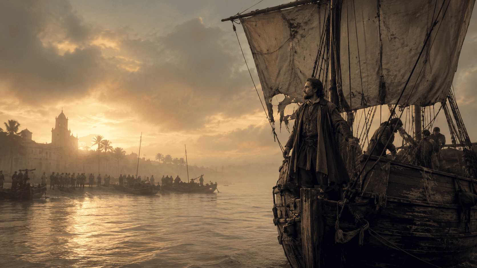The battered Victoria returning to Spain with torn sails at sunset