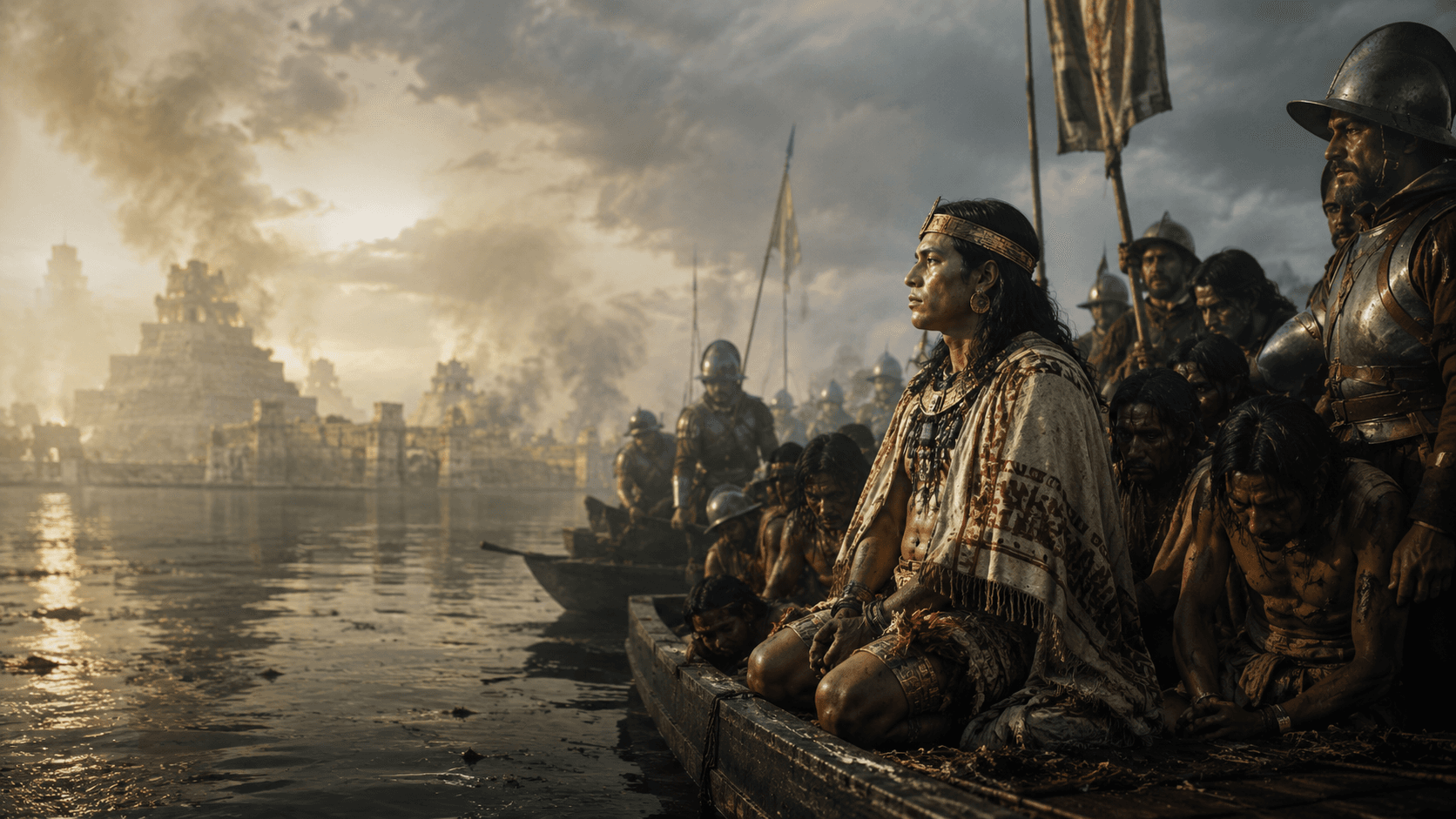 Cuauhtemoc seated in a canoe on Lake Texcoco after the fall of Tenochtitlan