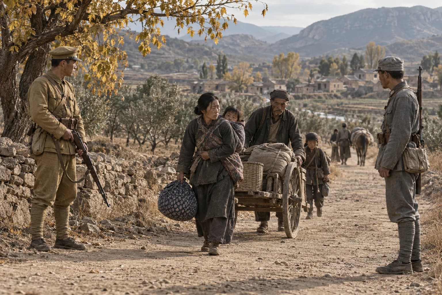 Illustrative reconstruction: Anonymous Nationalist and Communist soldiers keeping their distance while a civilian family passes on a North China road in 1937.