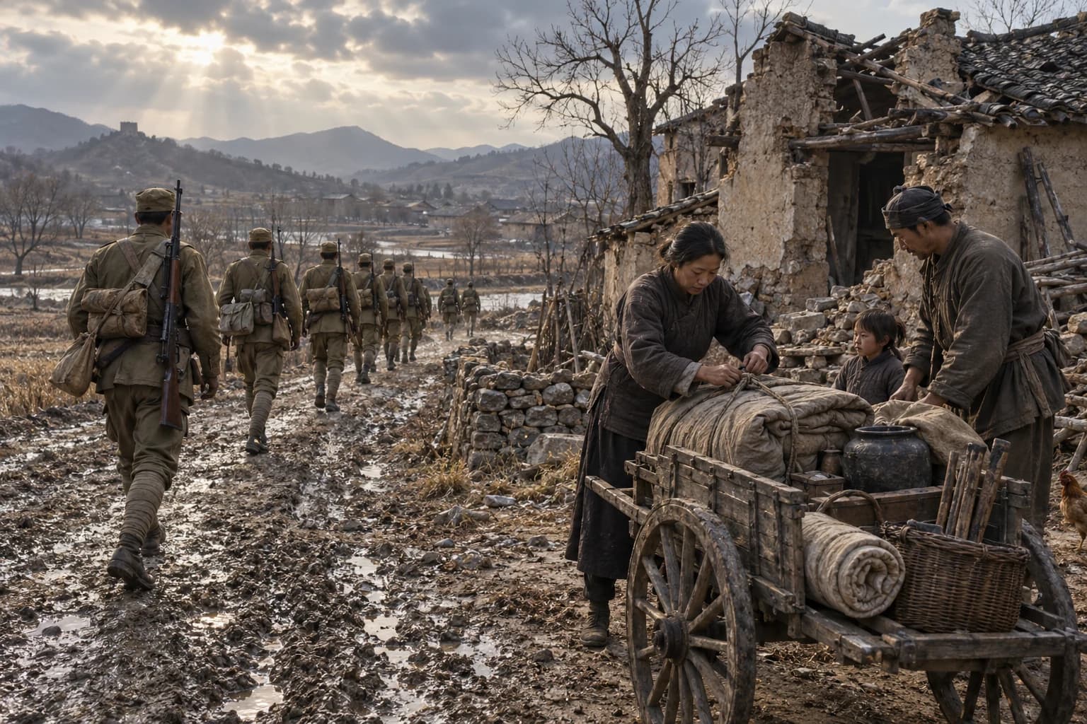 Illustrative reconstruction: Anonymous Nationalist soldiers passing a family packing a handcart during the renewed civil war in northern China in 1946.
