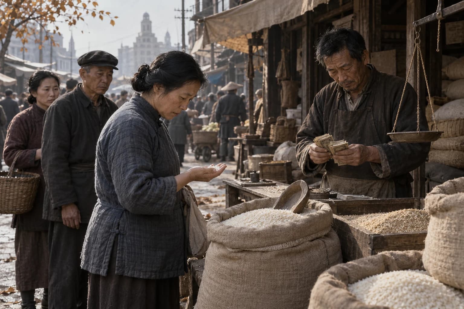 Illustrative reconstruction: Anonymous Shanghai market customers and a rice seller confronting the currency crisis in autumn 1948.