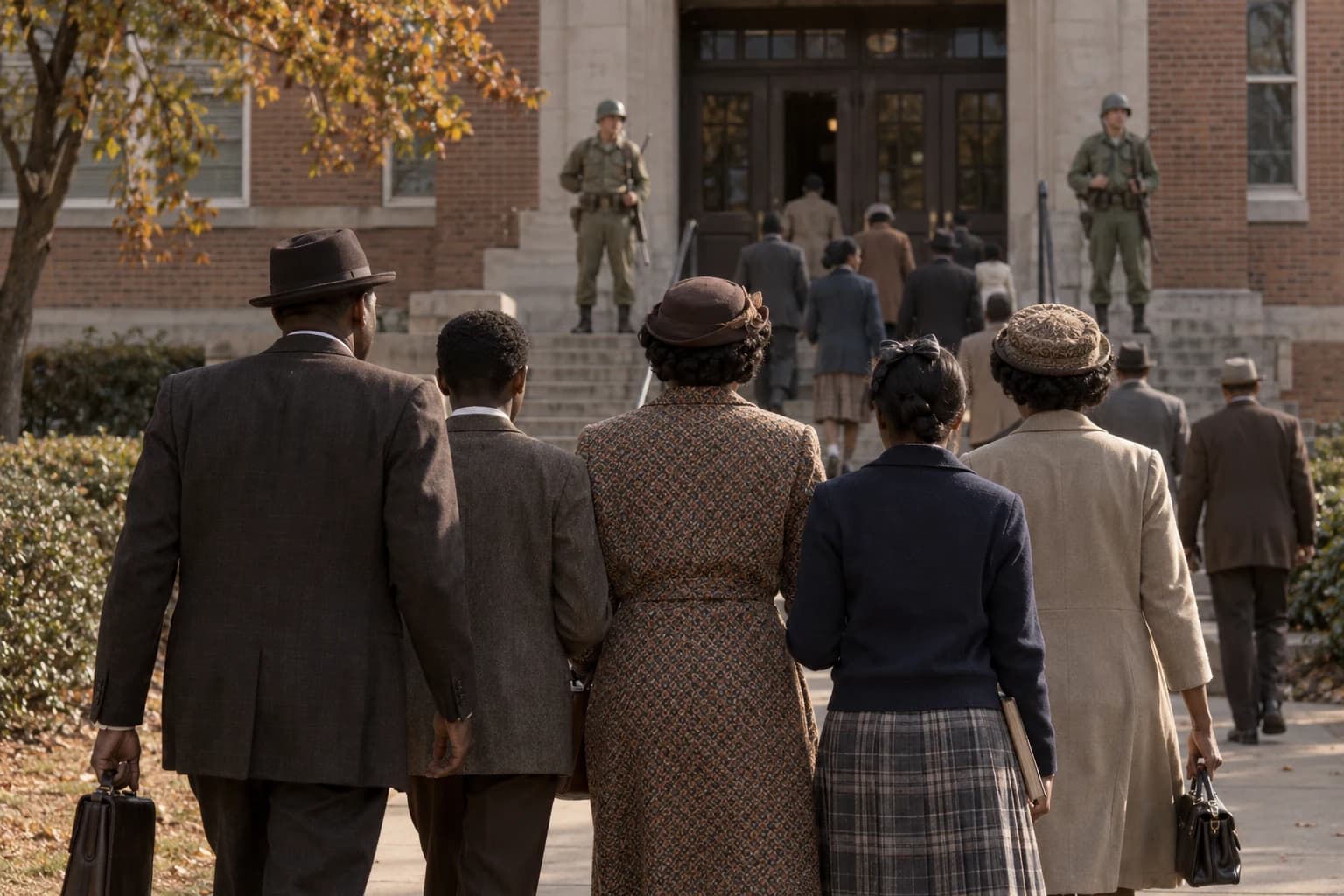 AI-generated reconstruction of families seen from behind approaching a guarded school entrance during the 1957 desegregation struggle.