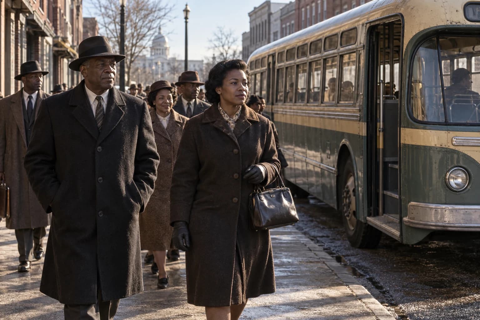 AI-generated reconstruction of Black commuters walking beside a nearly empty municipal bus during the Montgomery boycott.