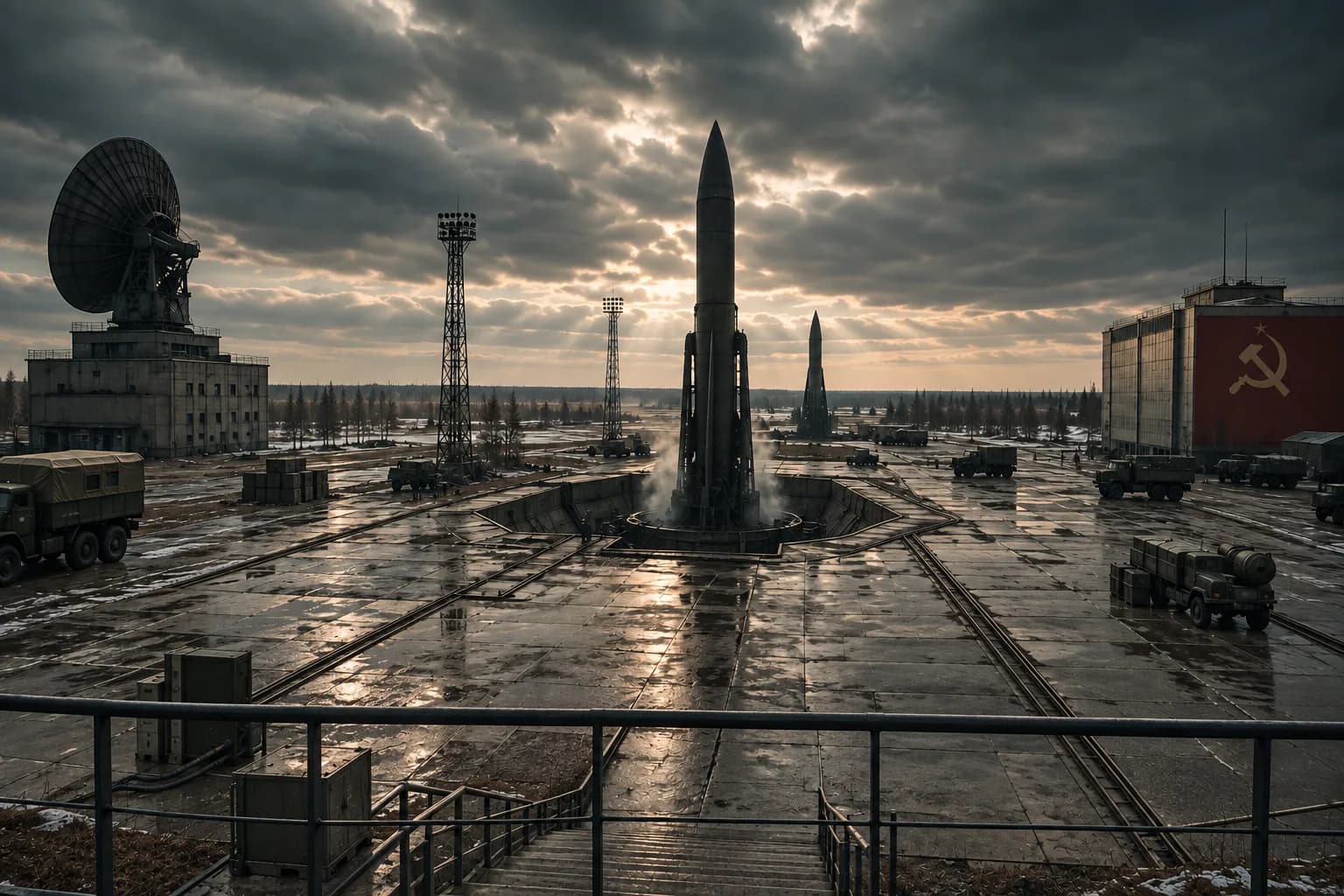 An empty Cold War missile launch complex sits under storm clouds with radar dishes, launch towers, and wet concrete reflecting the threat of nuclear deterrence.