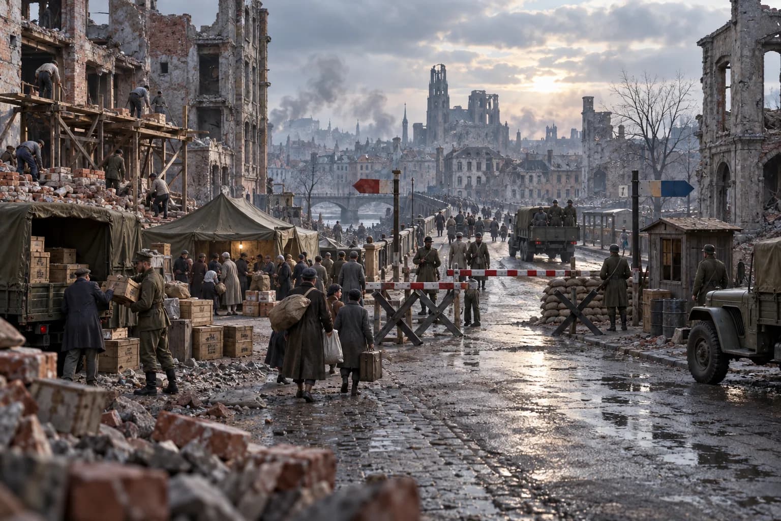 A ruined postwar European city street shows checkpoints, relief supplies, displaced civilians, and reconstruction as occupation zones harden into Cold War division.