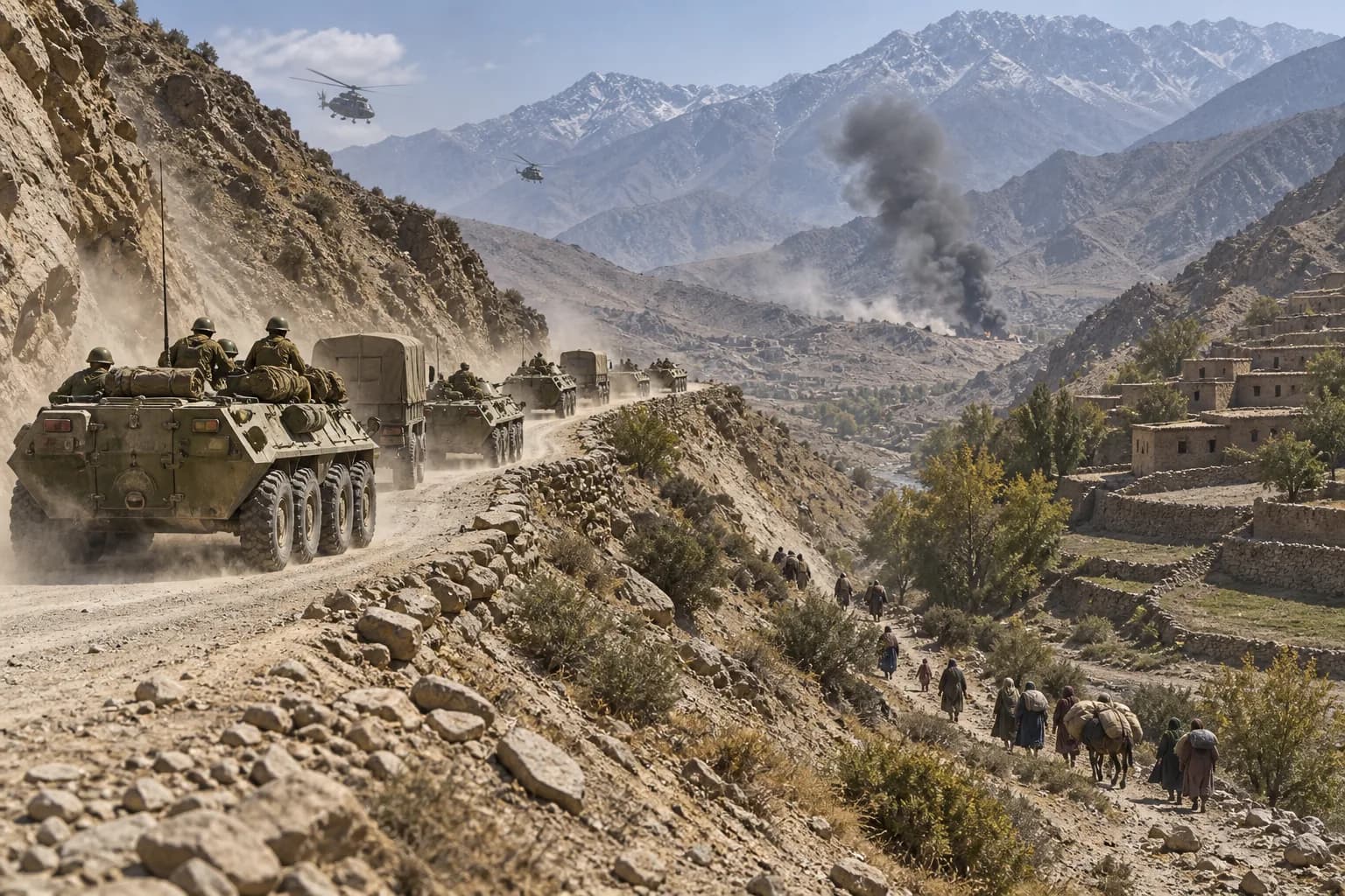 A Soviet armored convoy winds through an Afghan mountain pass amid dust, smoke, helicopters, and distant villages during the Soviet-Afghan War.