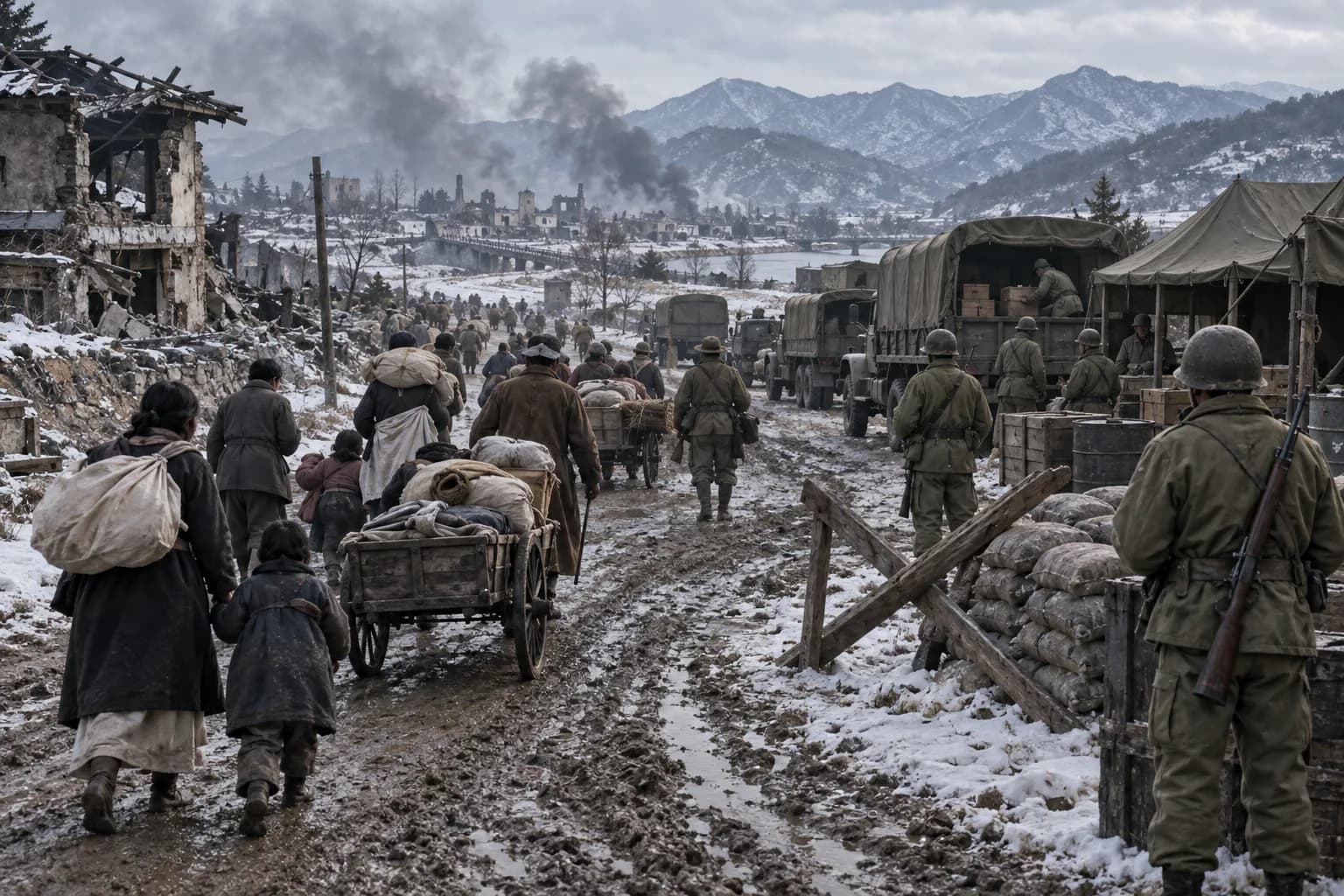 Korean civilians move along a muddy winter road past UN supply trucks and soldiers as smoke rises from a damaged town during the Korean War.