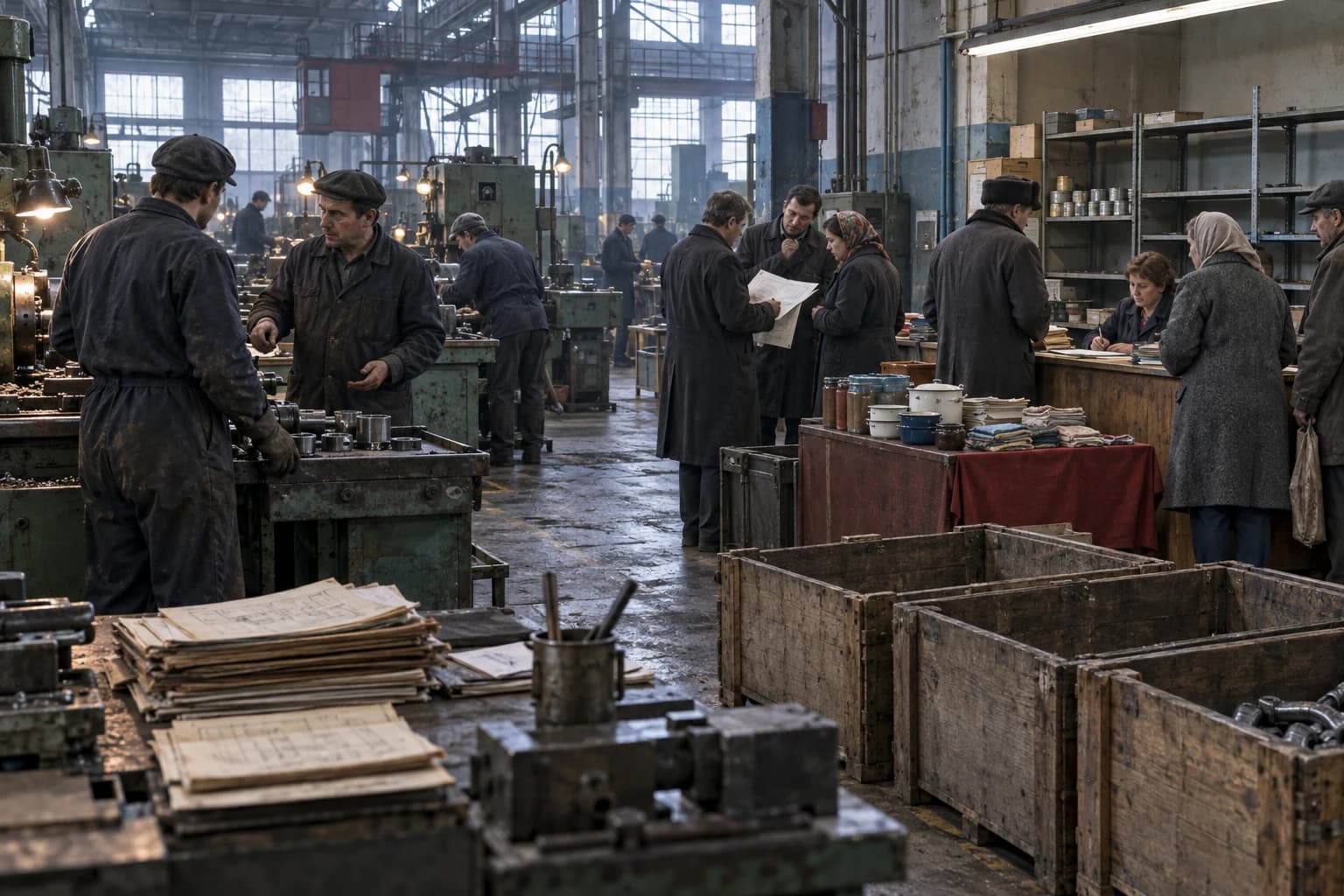 Late-Soviet factory workers, managers, and supply clerks navigate perestroika reforms amid machinery, paperwork, and empty parts crates.