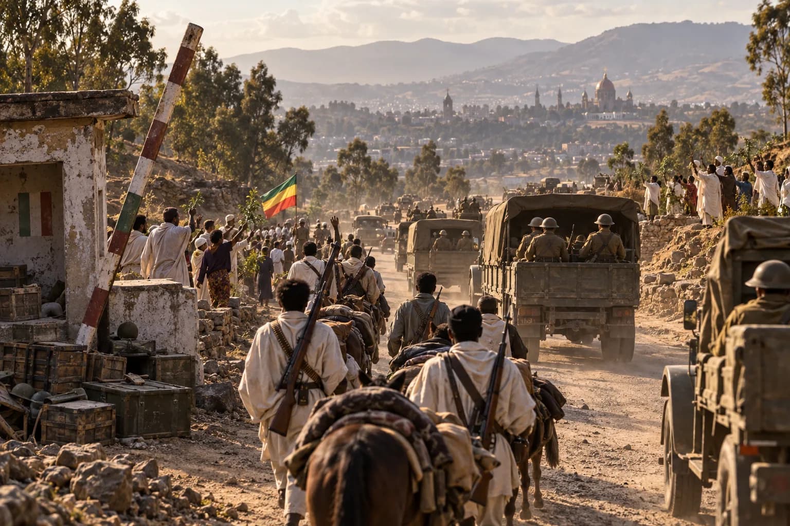 Ethiopian patriots and Allied trucks pass an abandoned Italian checkpoint on the road toward Addis Ababa as civilians mark liberation in 1941.