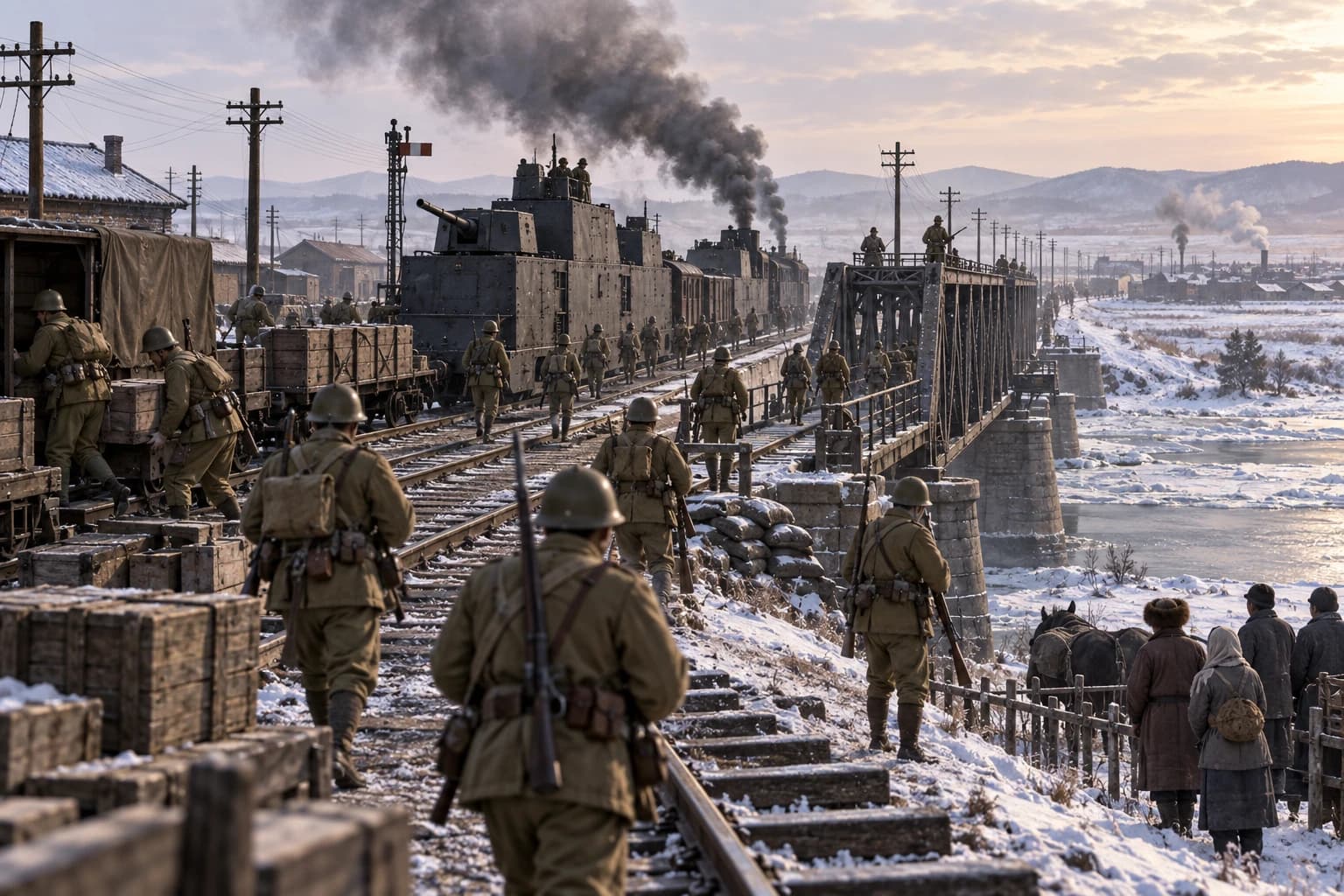 Japanese troops secure a Manchurian railway bridge beside an armored train during the 1931 seizure of Manchuria.