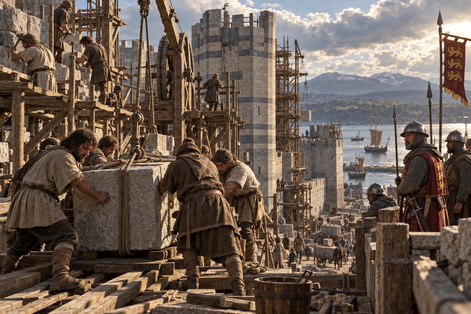 Illustrative reconstruction: Masons, labourers and guards beside Caernarfon Castle as its towers rise after Edward I’s conquest of Gwynedd.