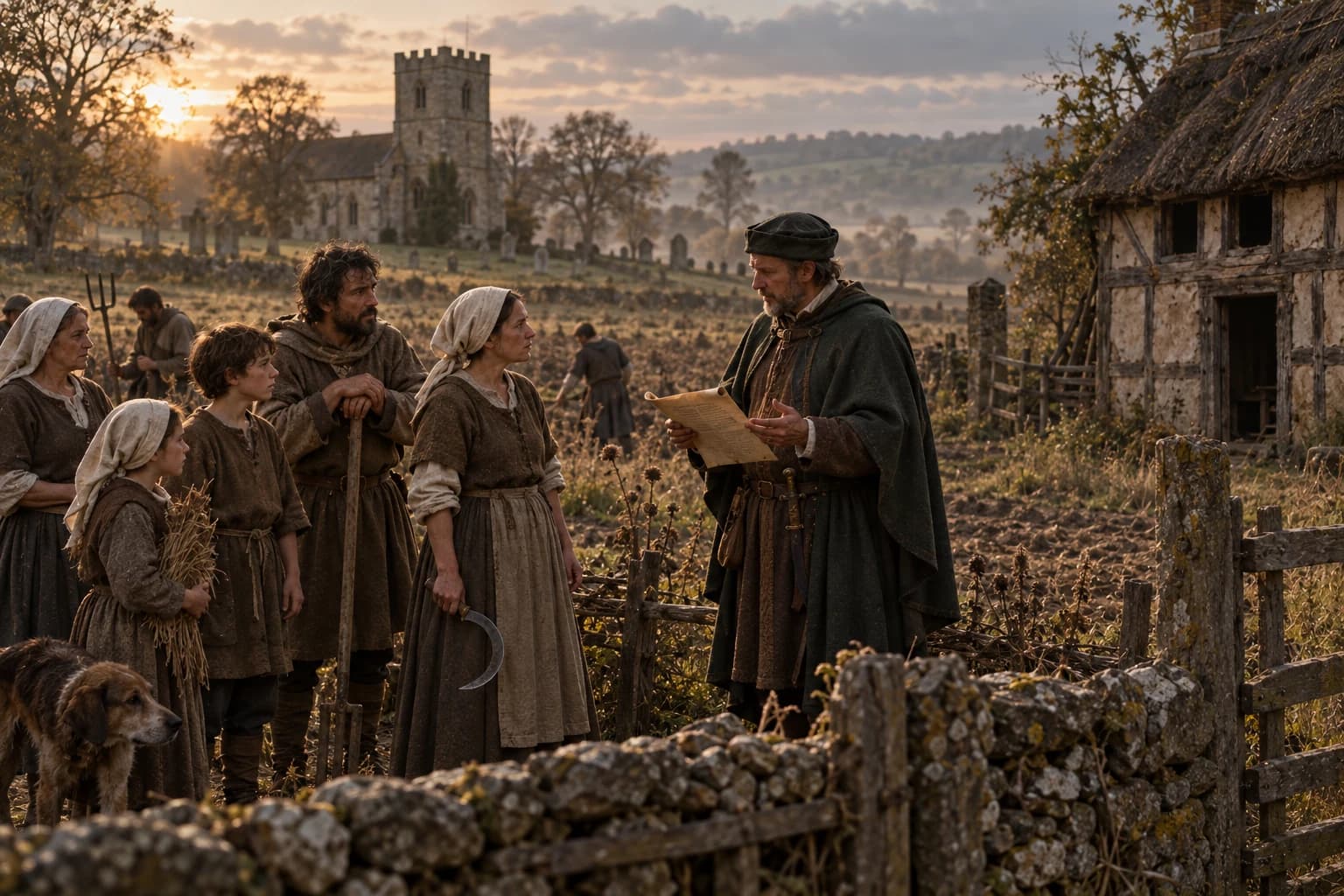 Illustrative reconstruction: Surviving villagers and a land steward beside an uncultivated field in England after the Black Death.