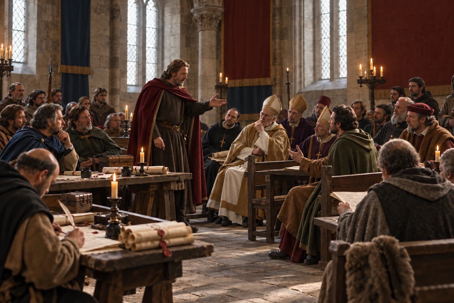 Illustrative reconstruction: Bishops, shire knights and town representatives gathered in a medieval chamber during the Parliament of 1265.