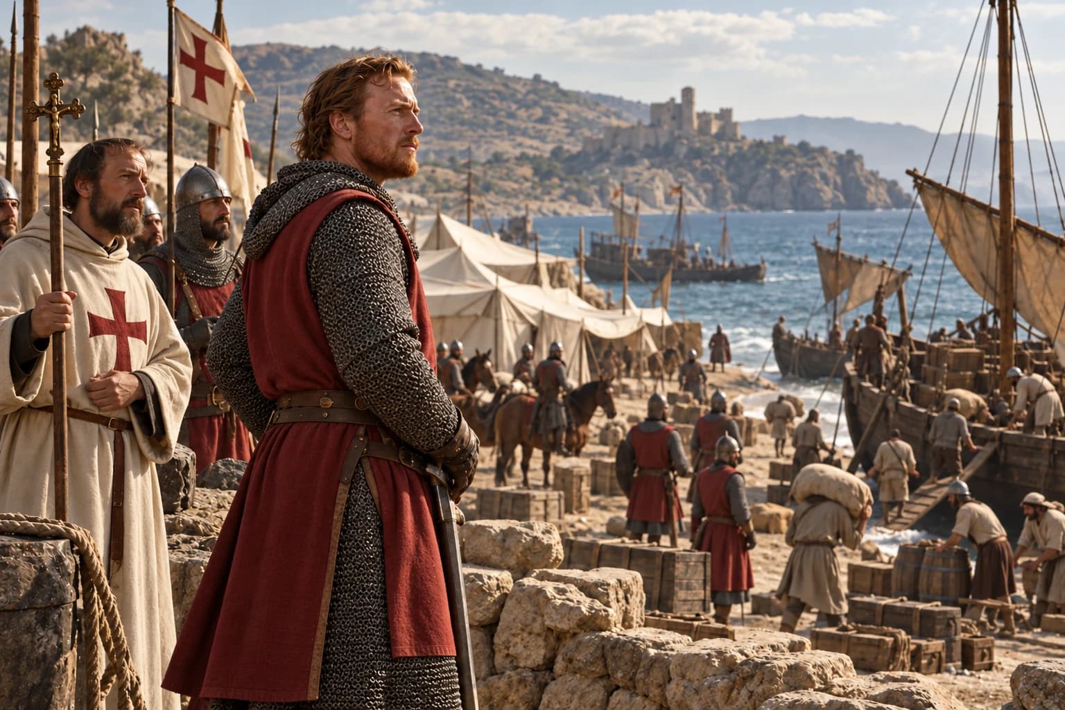 Illustrative reconstruction: Richard I and soldiers in a Levantine coastal supply camp during the Third Crusade in 1191.