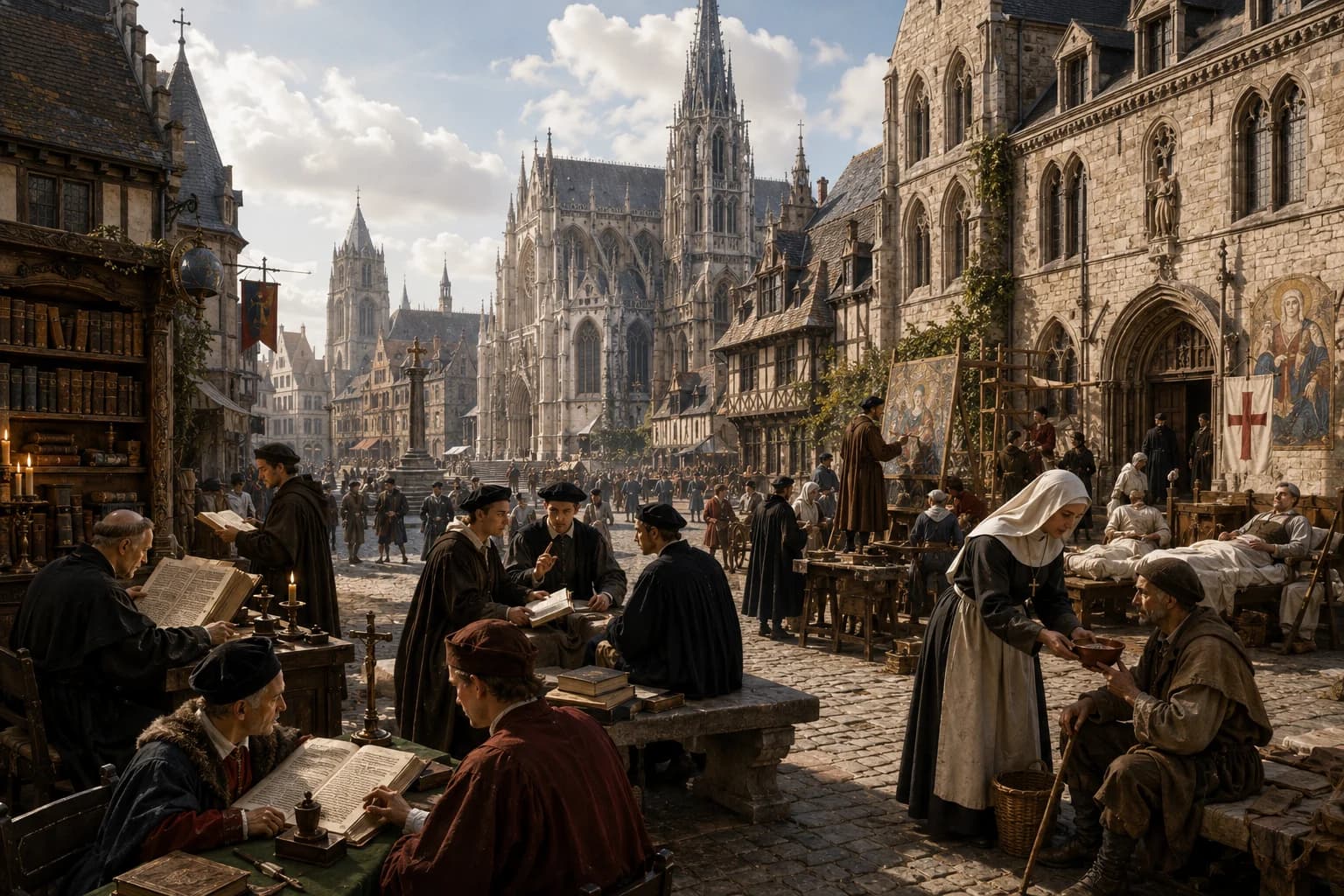 Christianity shaping medieval Western law, learning, art, philosophy and social institutions.