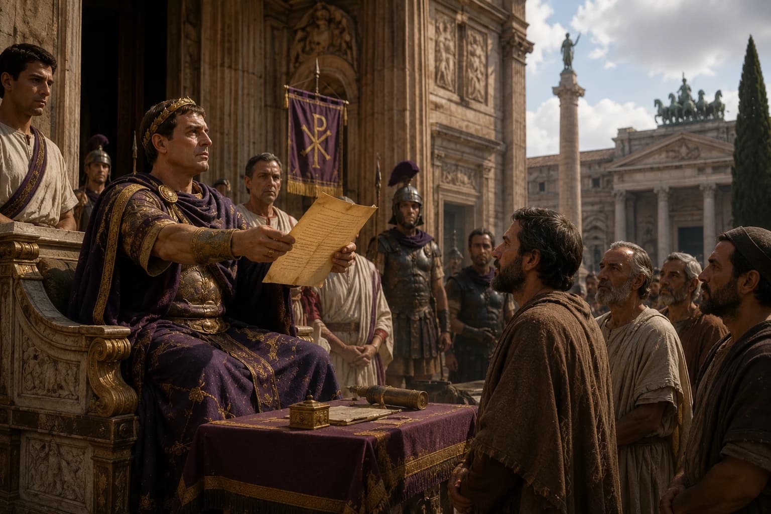 Constantine granting legal recognition and patronage to Christianity in the Roman Empire.