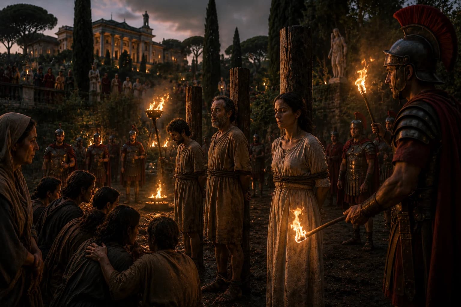 Early Christians facing persecution and public hostility under Roman authority.