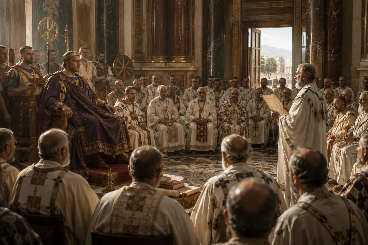 Bishops gathered at the Council of Nicaea to define orthodox Christian belief.